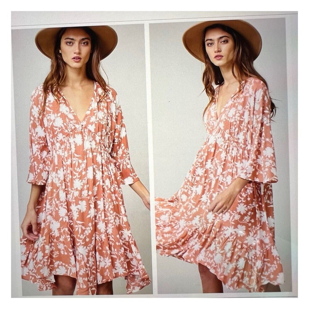 Floral Dress Peach White V Neck Empire Waist, Size L Boho Cottage Core
